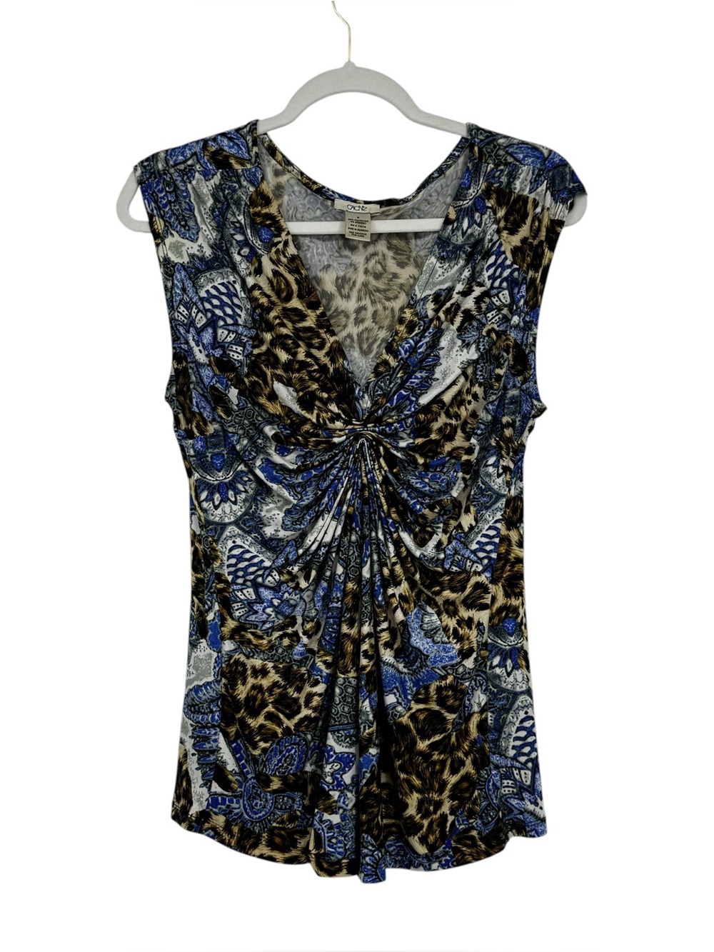 Vint Y2K Cache Med Multi Print Blue/Brown Poly/Span  V-Neck Sleeveless Tunic Top